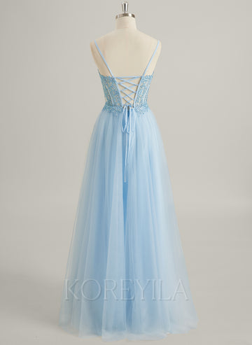 A-line V-Neck Floor-Length Lace Tulle Maxi Dresses With Sequins